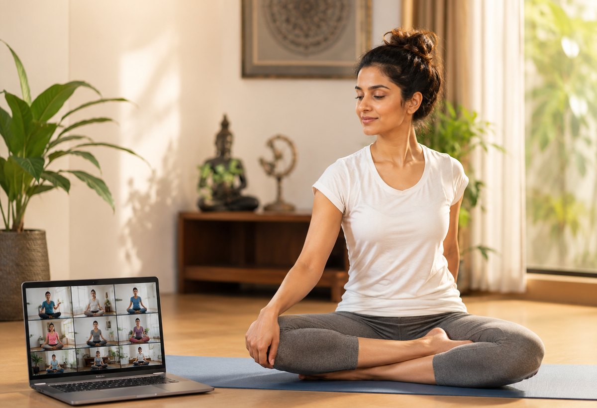 Online yoga class with live students